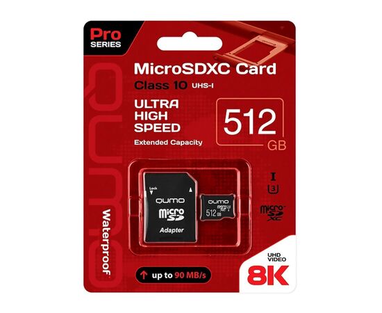  Карта флэш-памяти MicroSD 512 Гб Qumo +SD адаптер Pro seria UHS-1 U3 